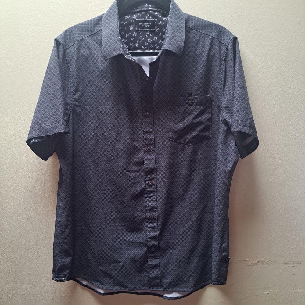 7Diamonds Justice Mens Large Gray Geometric 4-Way Stretch Short Sleeve Shirt